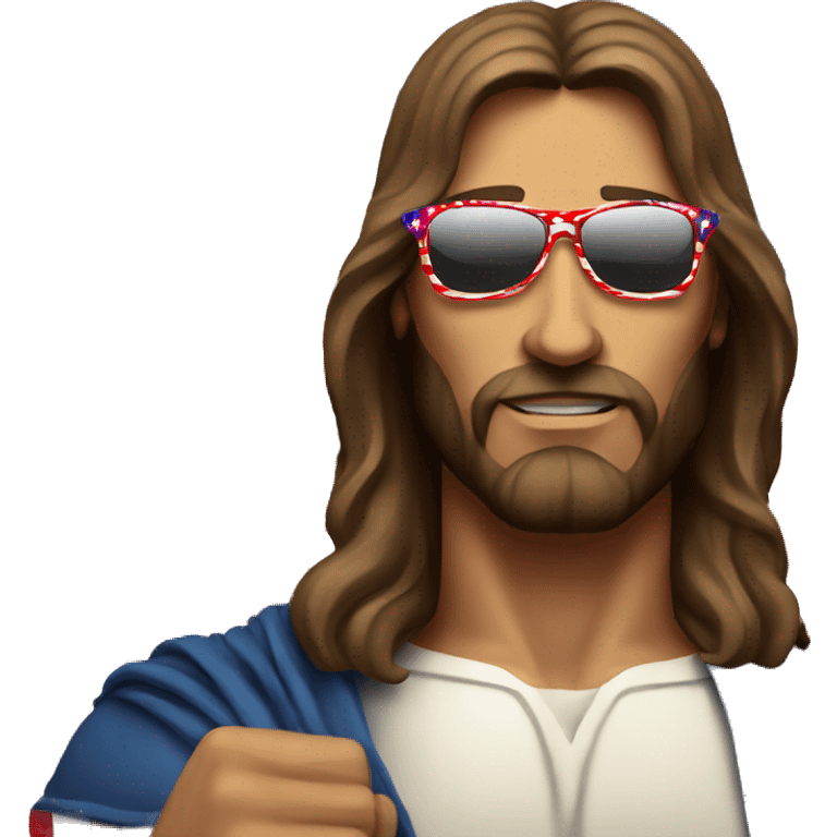 Muscular Jesus wearing sunglasses and holding the American flag emoji