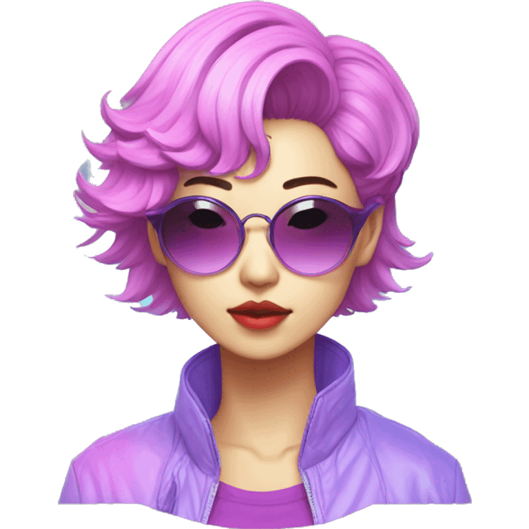 a short-haired Taiwanese lesbian as a designer with vaporwave style, without makeup, with earings, sunglasses with vaporwave image on it. emoji