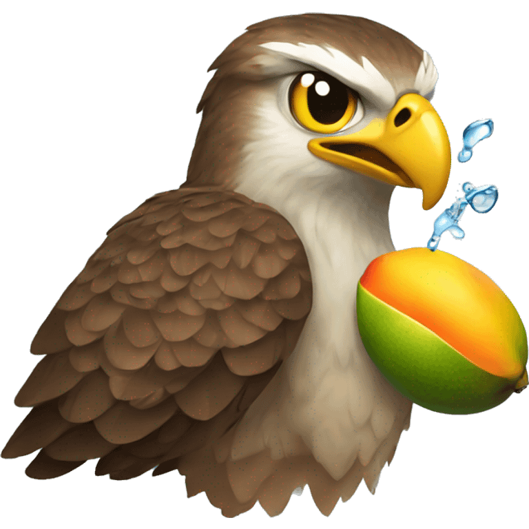 Hawk with a mango and still water emoji