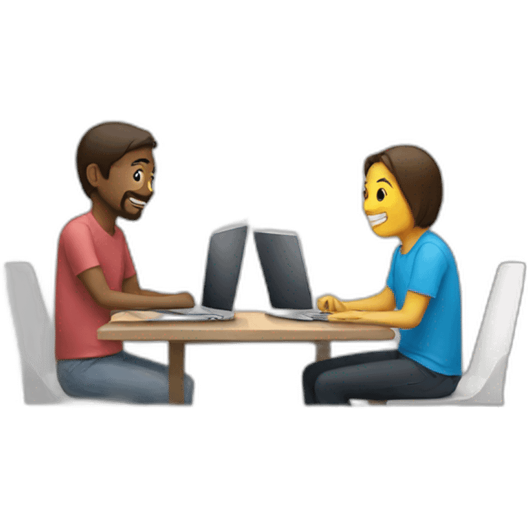 two people sitting across a table using macbooks emoji