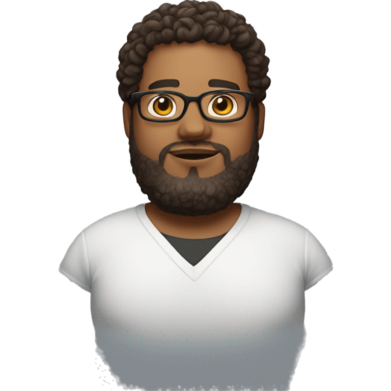 An emoji of an overweight man with medium brown skin, a beard, fade haircut on the sides with curly hair on top, and wearing glasses emoji