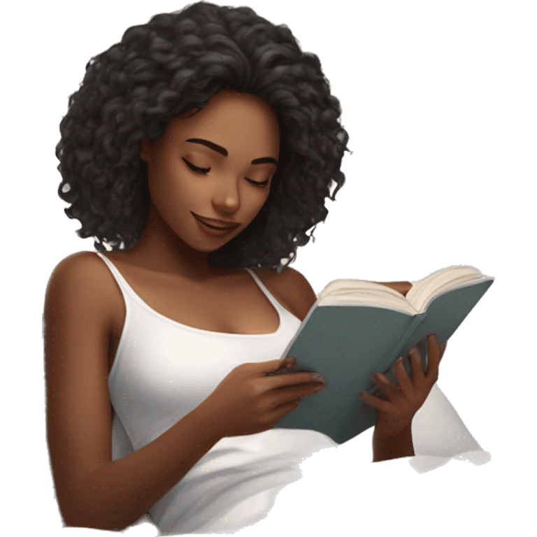 Beautiful girl in white top reading in bed emoji