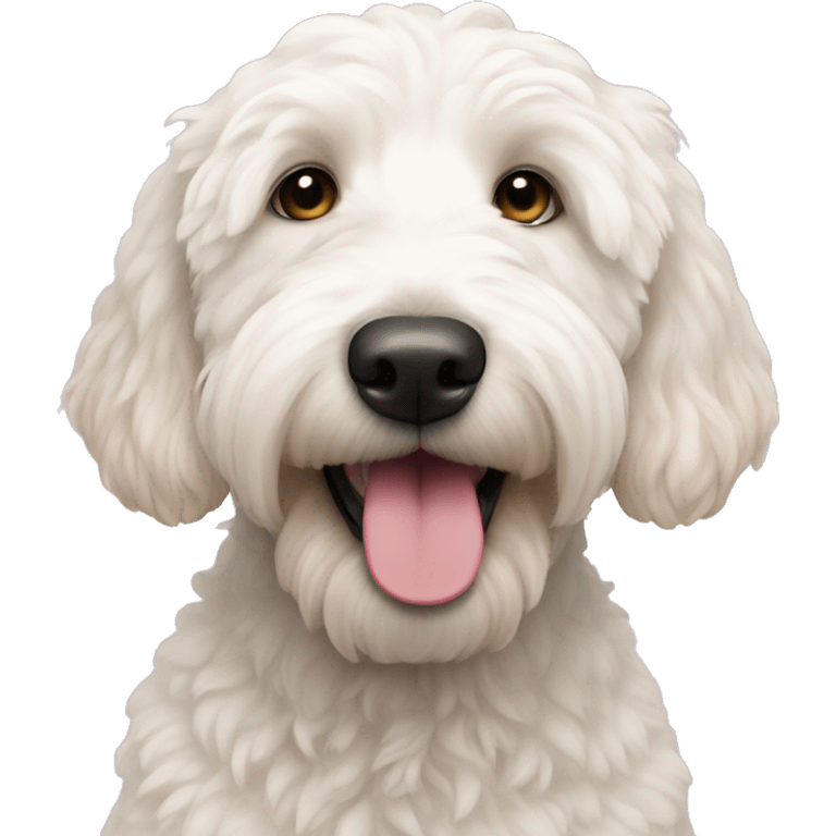 White golden doodle with pink nose emoji