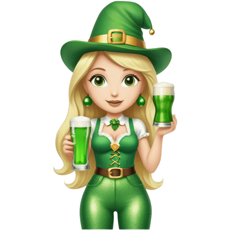 Blonde haired pretty woman in glittery green bell bottoms and tall leprechaun hat holding a green beer emoji