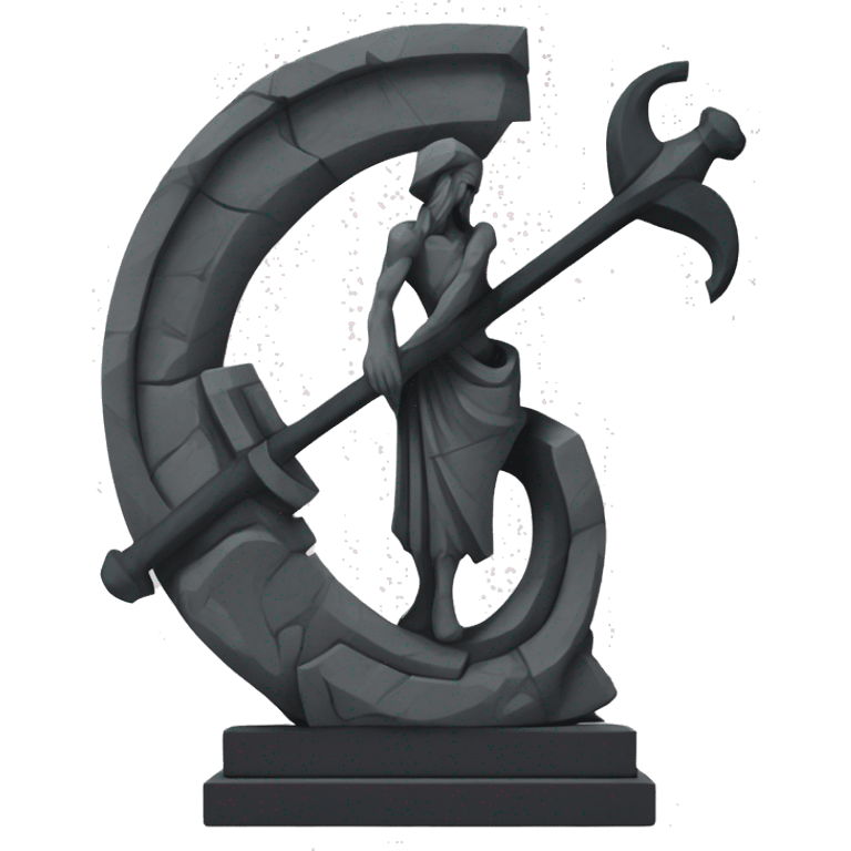 Stone sculpture scythe with a geometric, faceted design. The scythe is standing upright on a base with angular and baroque features. The vibrant midtone subtlety of dark neutrals highlights the sharp edges and planes.  emoji