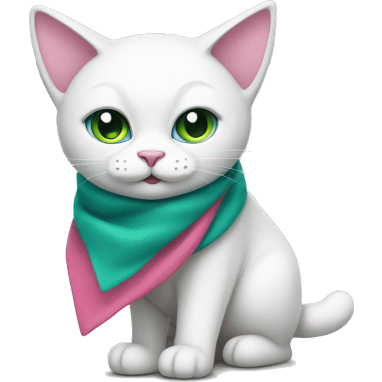 a full-length white cat with wide eyes (one is blue, the other is green), with a pink triangular scarf around her neck emoji