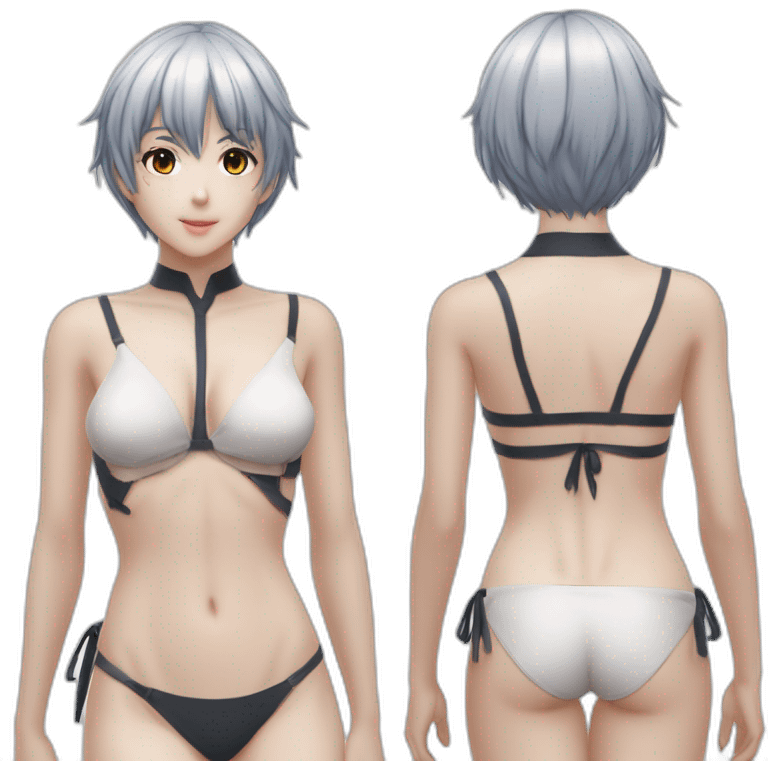 realistic full body rei ayanami nue short hair teen back and front views bikini emoji