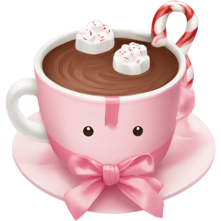 hot chocolate with marshmallows and little peppermint on the side with a light pink ribbon tied around hot chocolate cup emoji