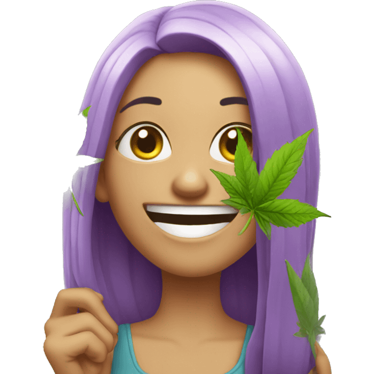 goofy silly girl laughing holding weed plant  emoji