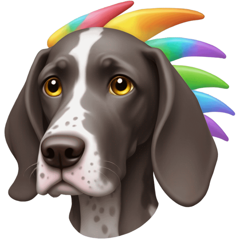 A short haired German pointer with a unicorn horn and dragon wings emoji