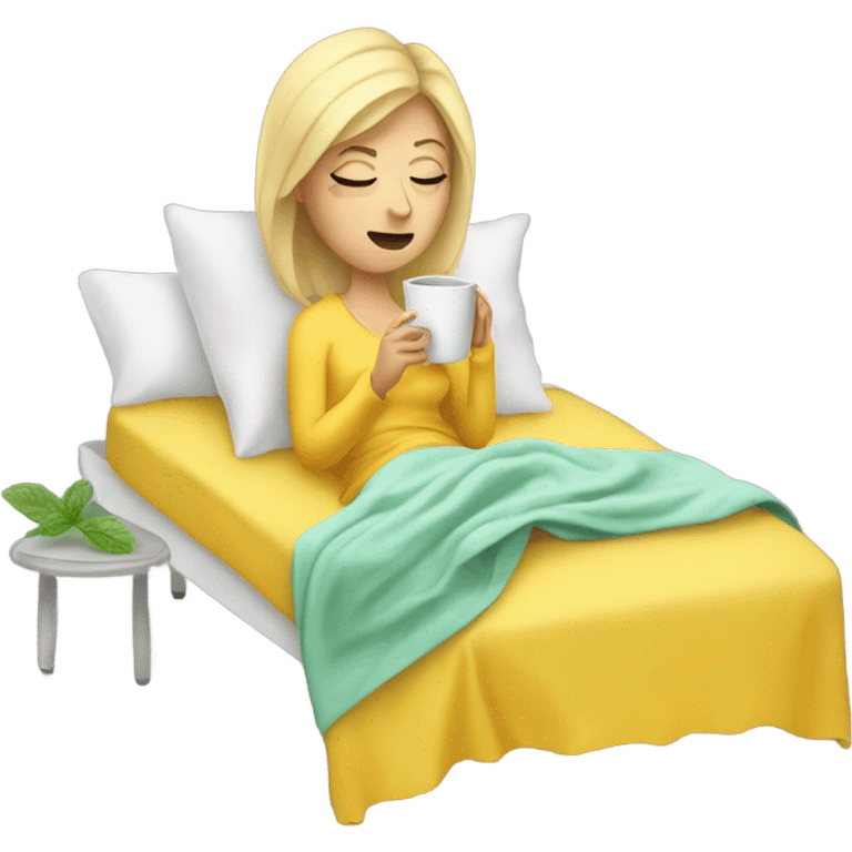 Sick blonde lady in bed with a yellow blanket drinking mint tea emoji