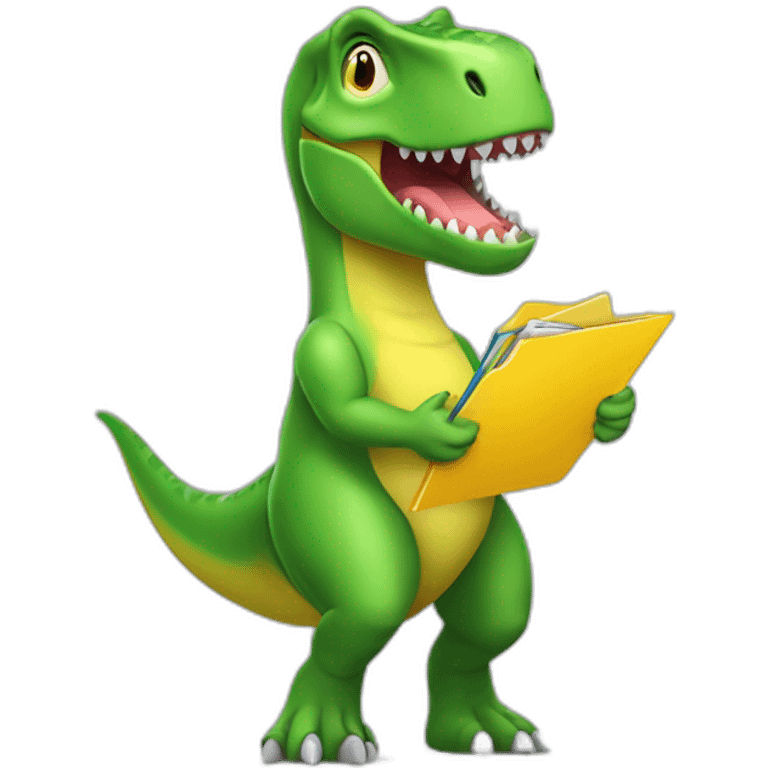 Green T-Rex dinosaur with yellow folder in hand emoji