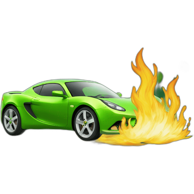 Green lotus car rolling over with flames emoji