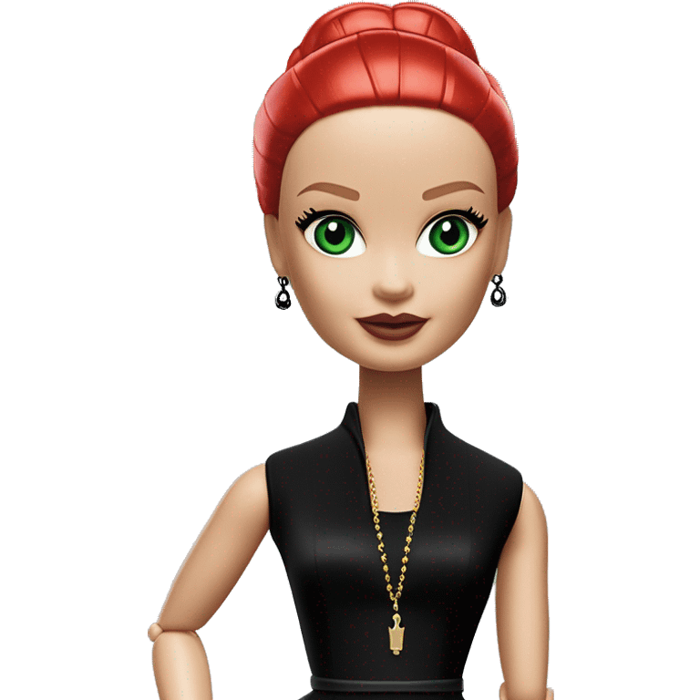  Wednesday Addams Barbie.  Small green eyes with light skin face. Earrings with matching necklaces Longer red hair. black flowing strapless tight evening gown neckline that’s off-the-shoulders shows her legs and black high heel shoes. emoji