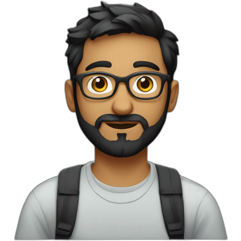 indian physics phd student with a short beard and round glasses in a t shirt with black hair and a laptop bag emoji