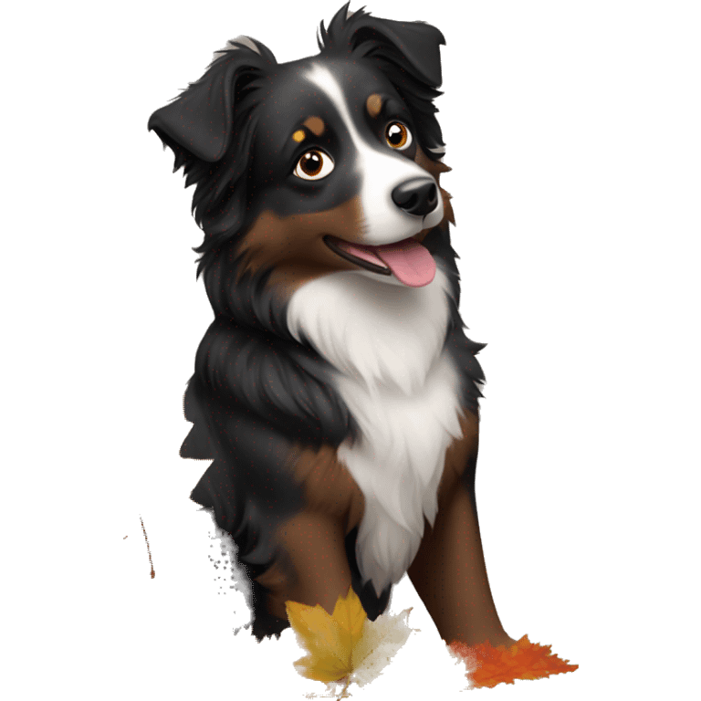 Autumn leaves with Small black australian shepherd dog emoji