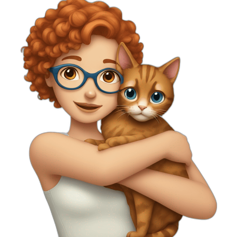 a pretty girl with curly copper hair and blue glasses hugging a cat emoji