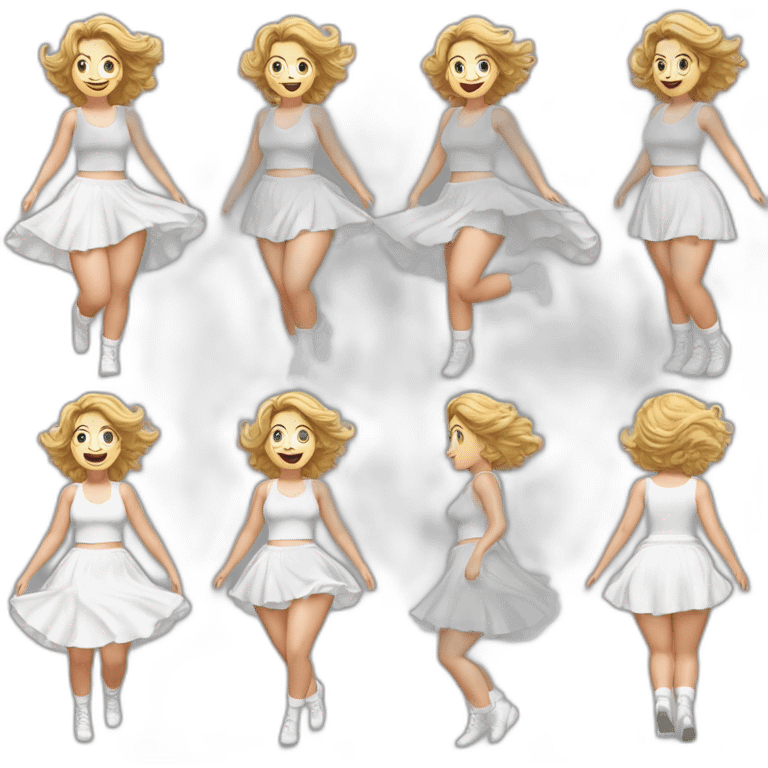 Hyperrealistic Full body Caucasian curvy beauty jumping short white skirt back and front views strong wind knickers long white socks emoji