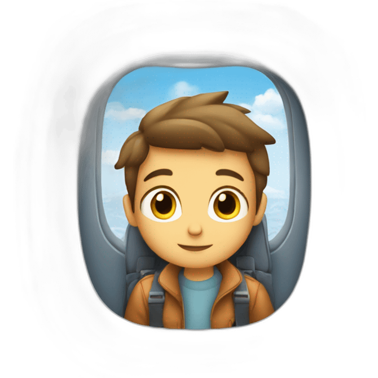 a kid boy sitting down an airplane passenger seat looking trough an airplane window emoji