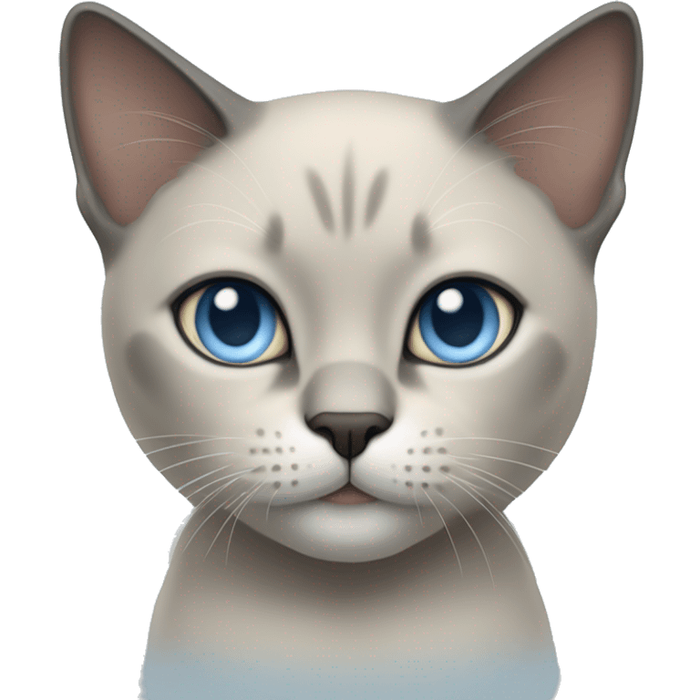 Thai breed cat with a light cream body, dark gray face, ears, and paws. Short fur, sharp ears, and striking light blue eyes with an intense gaze. emoji