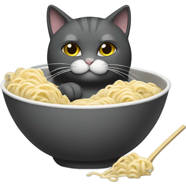 Solid dark gray cat with a little white eating ramen noodles  emoji