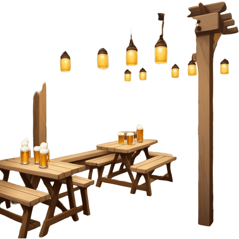 Cinematic Realistic Biergarten Pop Culture Emoji, showcasing a charming outdoor beer garden scene rendered with rustic details and inviting, soft lighting. emoji