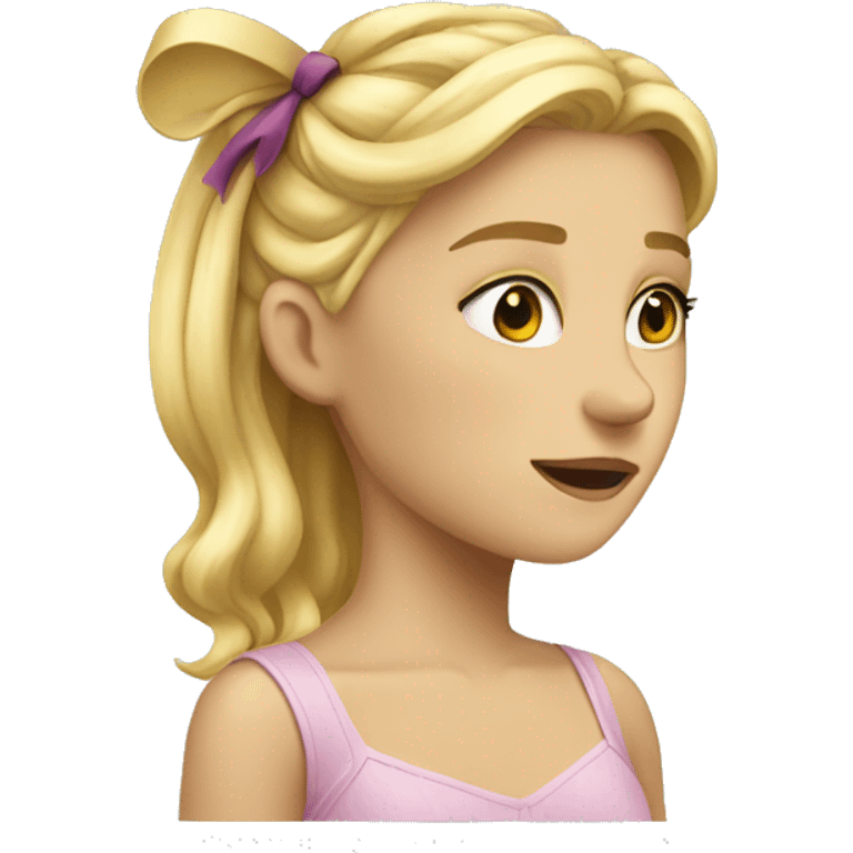 blonde girl standing backwards with a bow on her head emoji