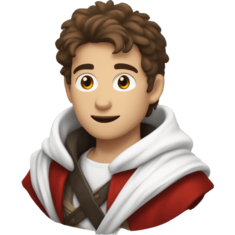 A young swordsman with messy brown hair wearing a red jacket/cloak with white fur overtop a white t-shirt, as well as a black scarf wrapped around his neck emoji