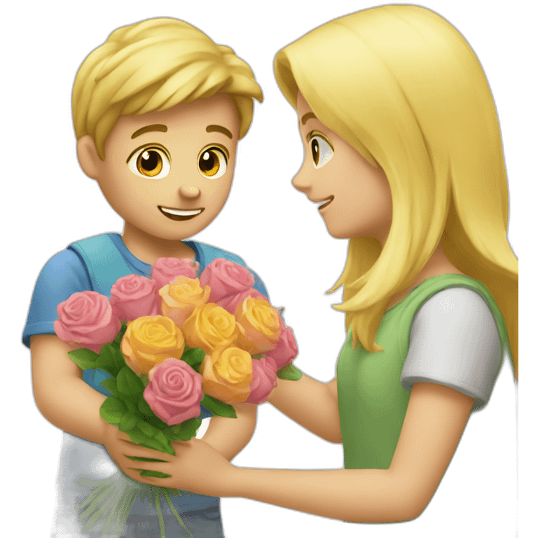 A boy who offers a bouquet of flowers to a pretty blonde emoji