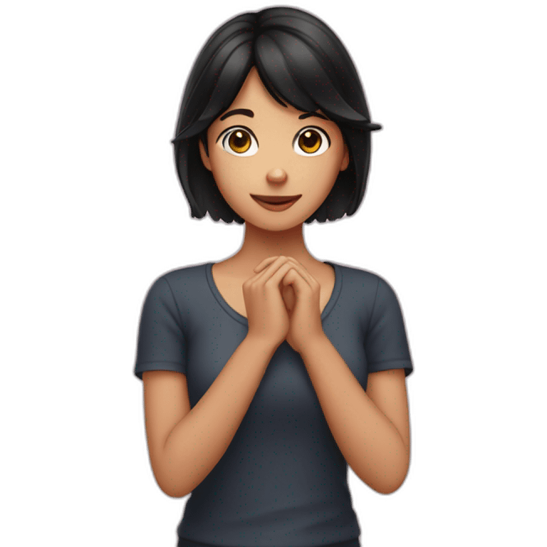 Girl with dark hair shaping heart with her hands emoji