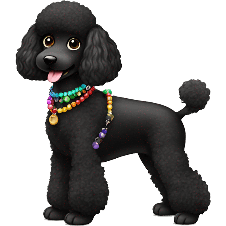 3 legs One Small furry Black Poodle with one  colorful bead necklaces with brown harness emoji