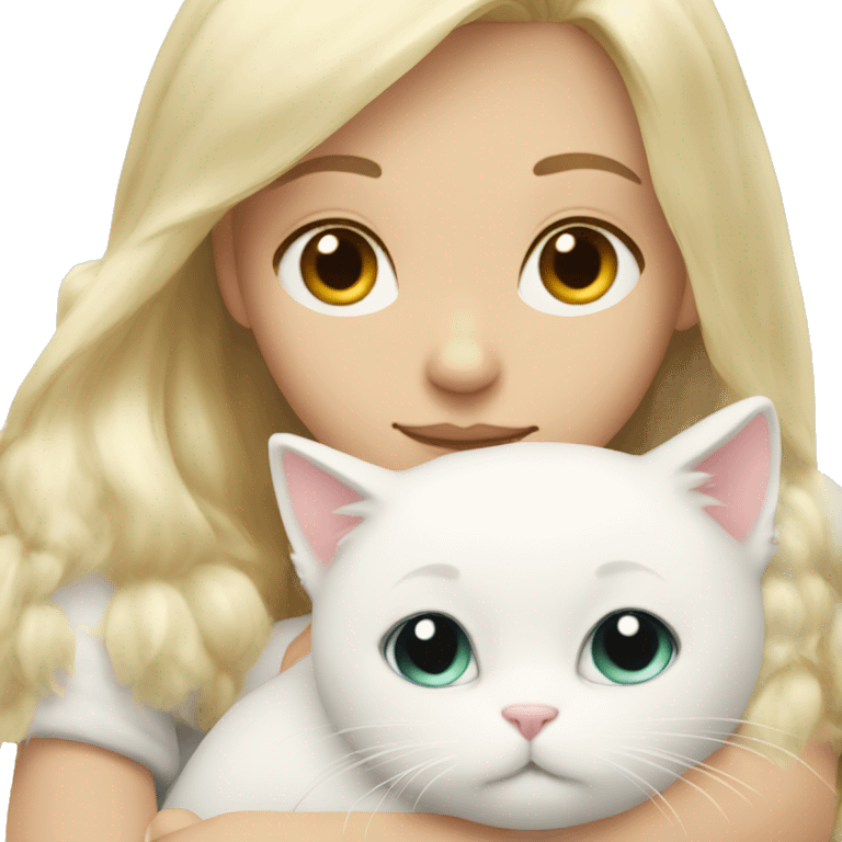 Blonde girl snuggling fluffy white cat emoji