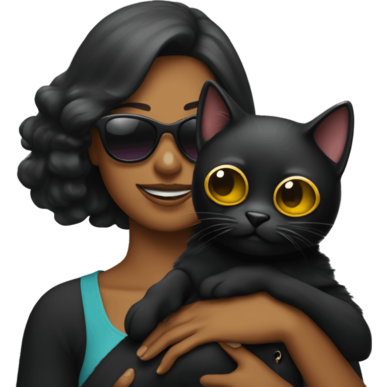 Black cat being held by a woman with sunglasses emoji