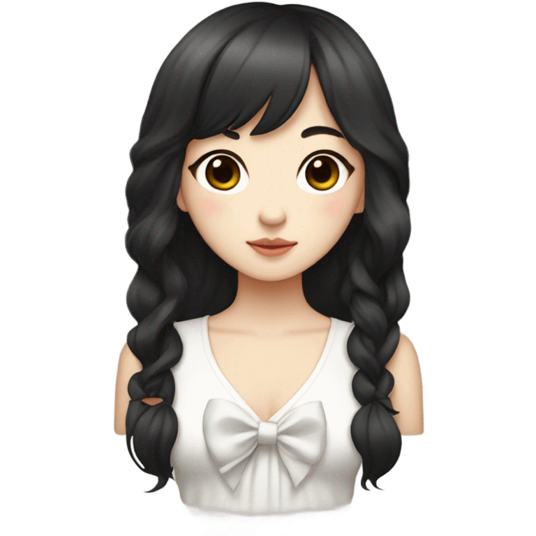 pale korean girl with long black wavy hair and front Korean bangs with bow on her hair. White cami top emoji