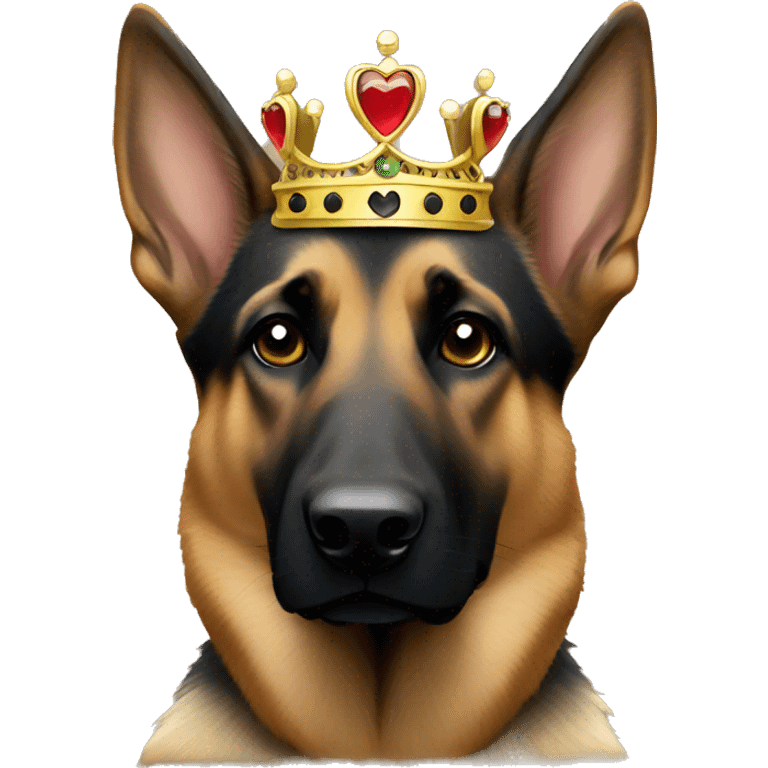 A black and tan German Shepherd wearing a crown emoji