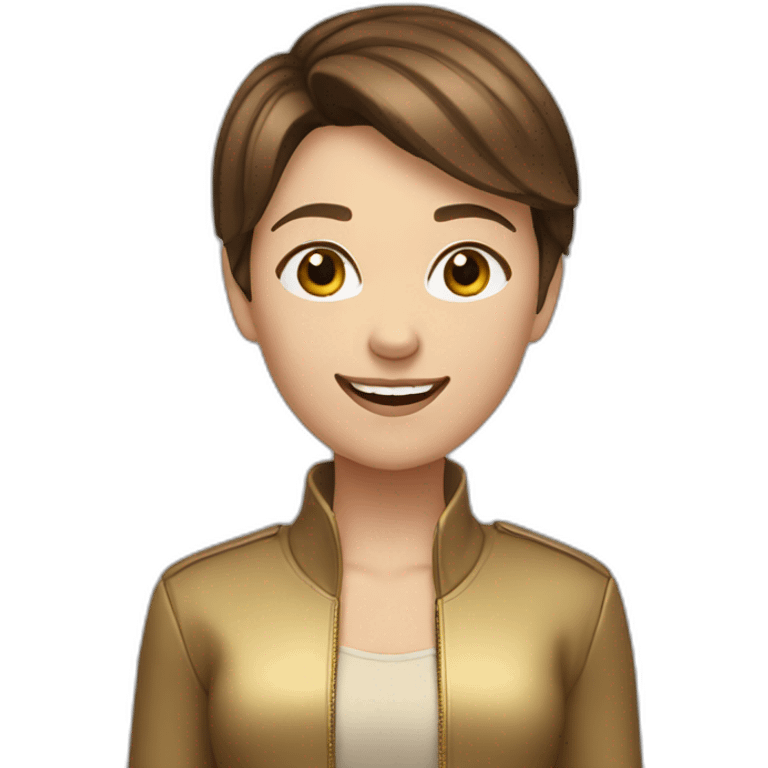 girl-short brown hair-gold jacket-smile emoji