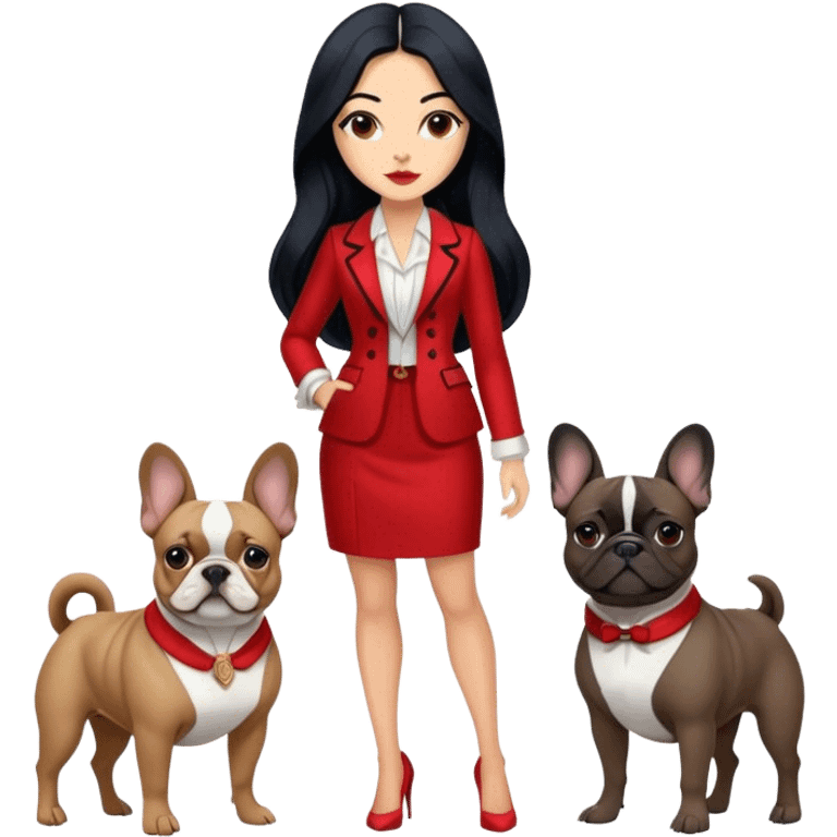 latin woman in fancy clothes with long black hair standing alongside two French bulldogs  emoji