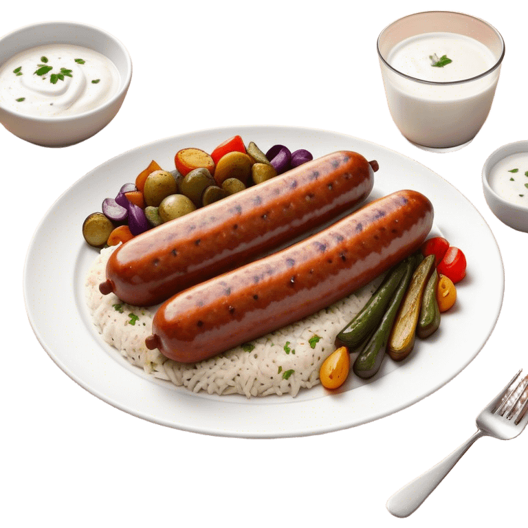 Cinematic Realistic image of a long, sausage-shaped Turkish Köfte, rendered with richly spiced meat textures and subtle grill marks, artfully arranged on a traditional Turkish ceramic plate alongside classic sides such as a serving of aromatic pilaf, crisp grilled vegetables, and a dollop of creamy yogurt, all bathed in warm, appetizing lighting that emphasizes its savory allure. emoji