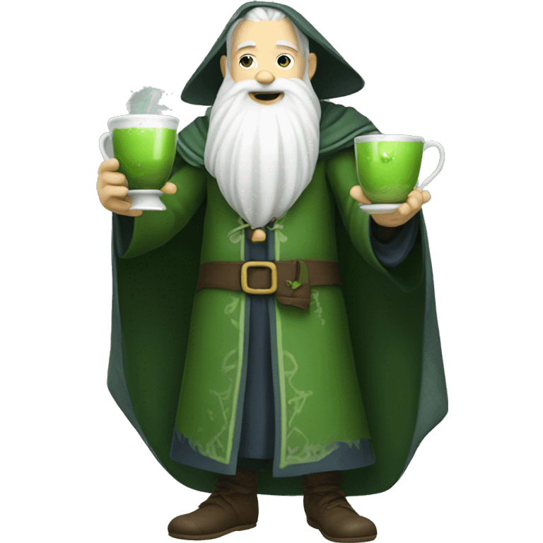 a wizard with a white beard drinking matcha tea. His full body is shown emoji