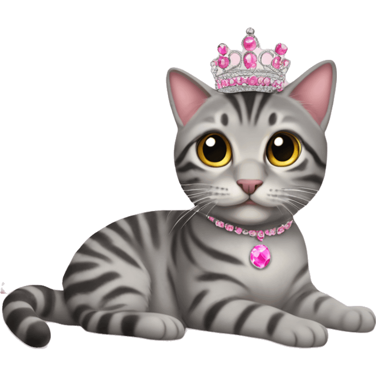 gray tabby sitting on pink pillow wearing pink gem tiara  emoji