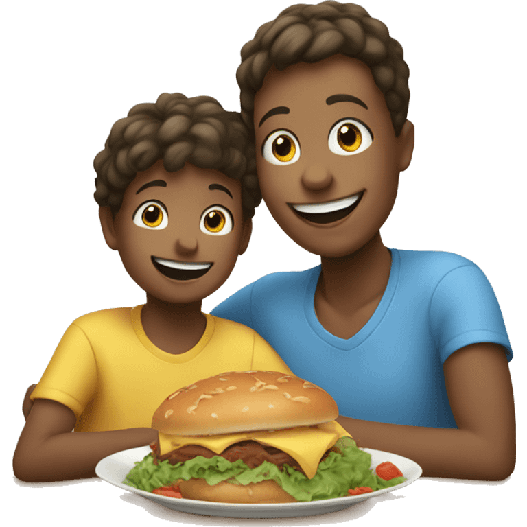 smiling boy and boys mom enjoying food emoji