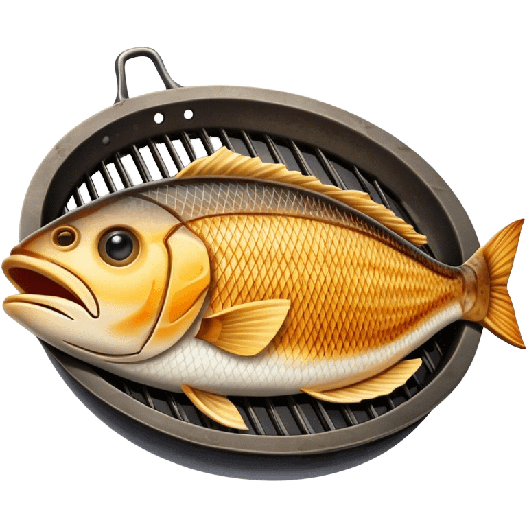 Gradele Cinematic Realistic Gradele Dish Emoji, depicted as 2 perfectly grilled fish with prominent grill marks and a smoky finish, rendered with vivid textures and dynamic, natural lighting. emoji