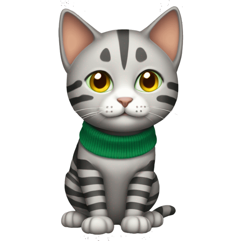 A striped grey cat with green eyes with orange sweater in full growth emoji