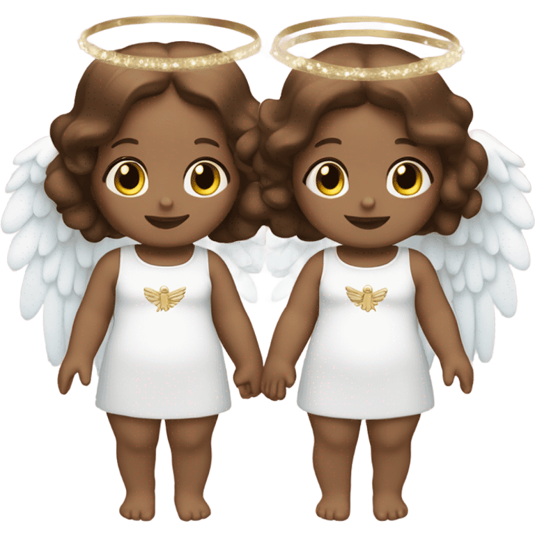 2 twin baby girls that are peach with brown hair with a halo and angel wings emoji