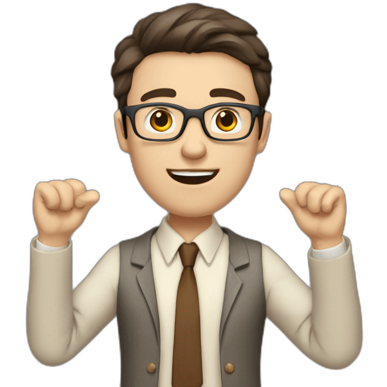 To belt Actively gesturing with hands Pale skinned fit man with dark brown hair in gray jacket, beige office shirt, brown tie, brown pants and vintage glasses. emoji