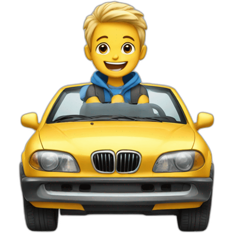 a happy boy sitting on the car emoji