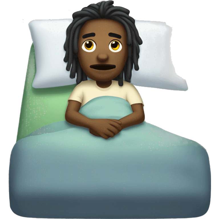 “Black man with dreadlocks, sick in bed, flushed face, thermometer, Aimoji style.” emoji