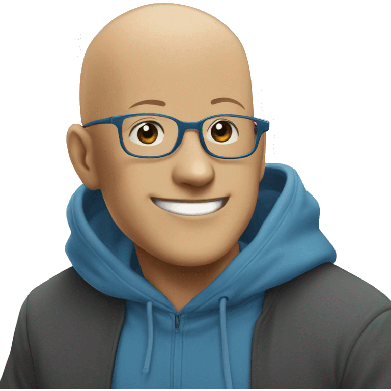 bald saitama in his 30s wearing glasses, smiling, in a blue hoodie emoji