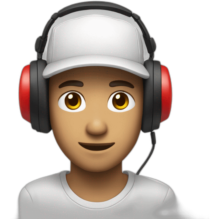 jeune homme gamer avec un casque micro, serieux, une casquette blanche emoji