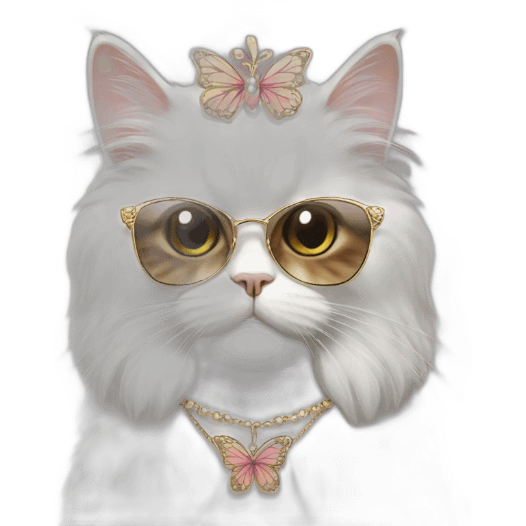 Persian cat wearing a tiara, sunglasses, and necklace with a butterfly shaped pendant emoji